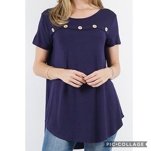 Navy Front Button-Accent SS Curved-Hem Tunic, S